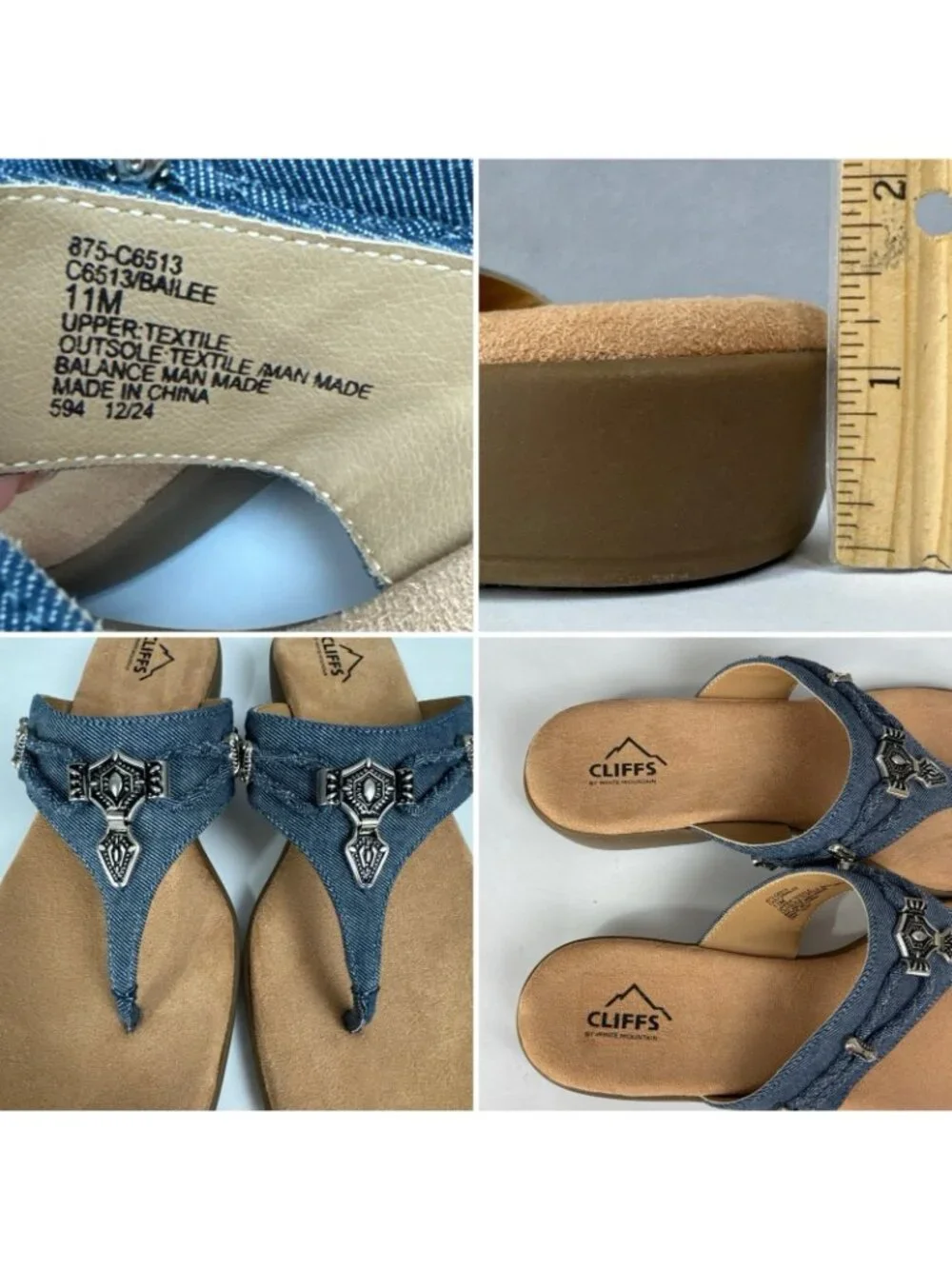 Cliffs Blue Jean Southwest Flip Flop Sandals Bailee Women's 11M silver details